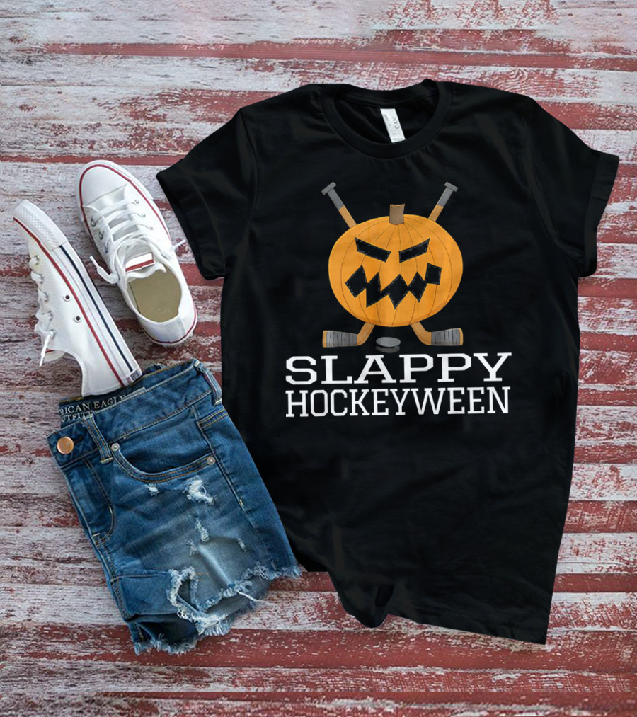 SLAPPY HOCKEYWEEN Pumpkin Ice Hockey Halloween T-Shirt