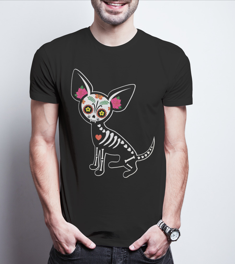 Day Of The Dead Chihuahua Skeleton Skull Flowers T-Shirt
