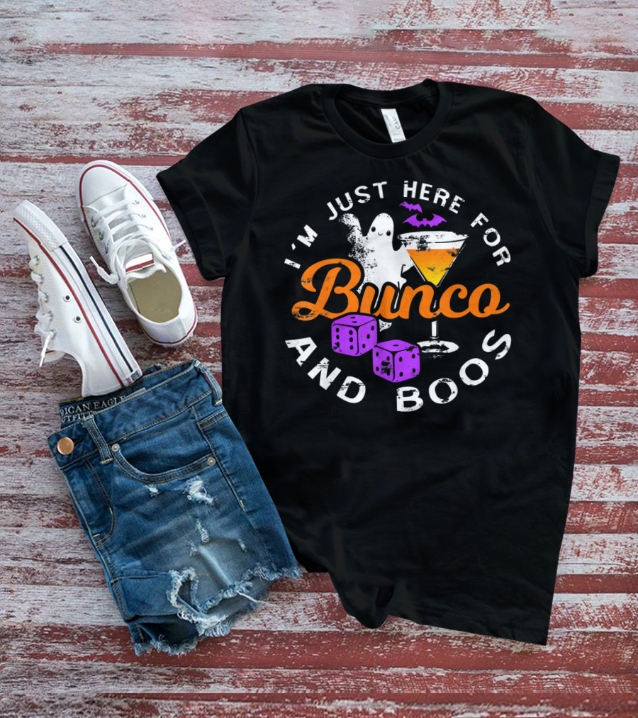 I'm Just Here For Bunco And Boos Ghost Bat Cocktail Dice T-Shirt