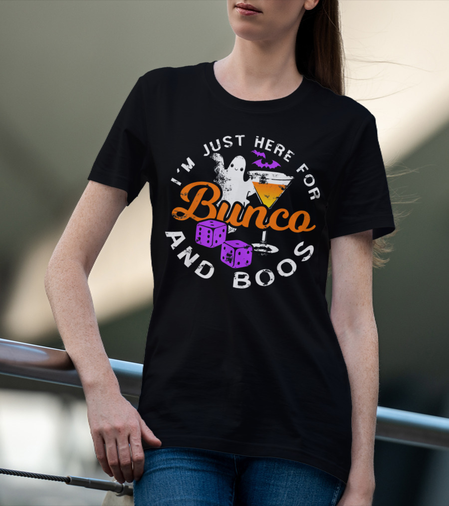 I'm Just Here For Bunco And Boos Ghost Bat Cocktail Dice T-Shirt