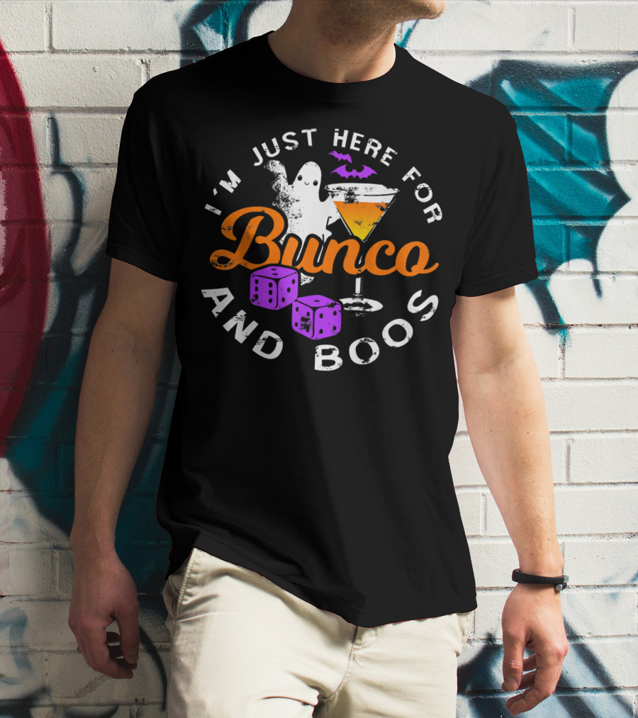 I'm Just Here For Bunco And Boos Ghost Bat Cocktail Dice T-Shirt