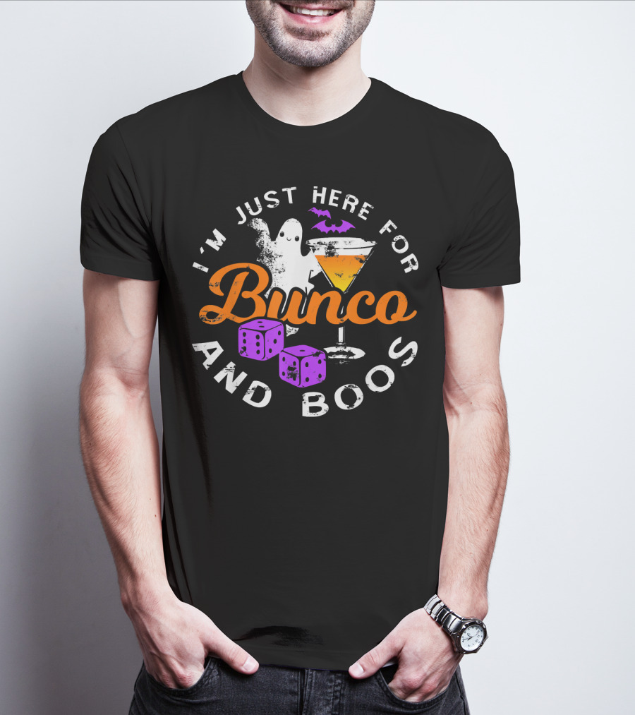 I'm Just Here For Bunco And Boos Ghost Bat Cocktail Dice T-Shirt