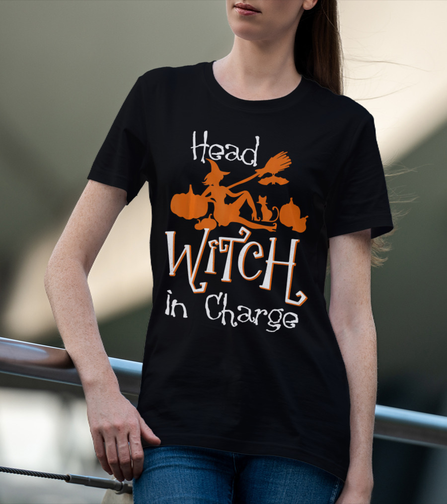 Head Witch In Charge Funny Halloween Pumpkins Broomstick Cat T-Shirt