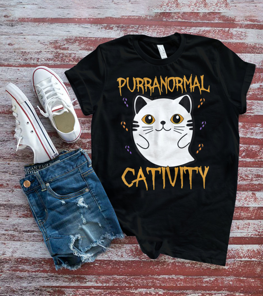 Purranormal Cativity Ghostly Cat Boo With Candy Corn T-Shirt