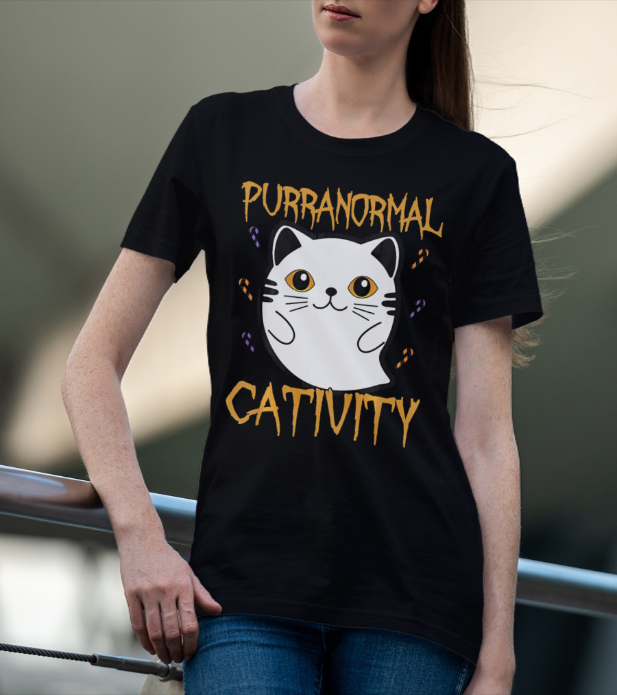 Purranormal Cativity Ghostly Cat Boo With Candy Corn T-Shirt