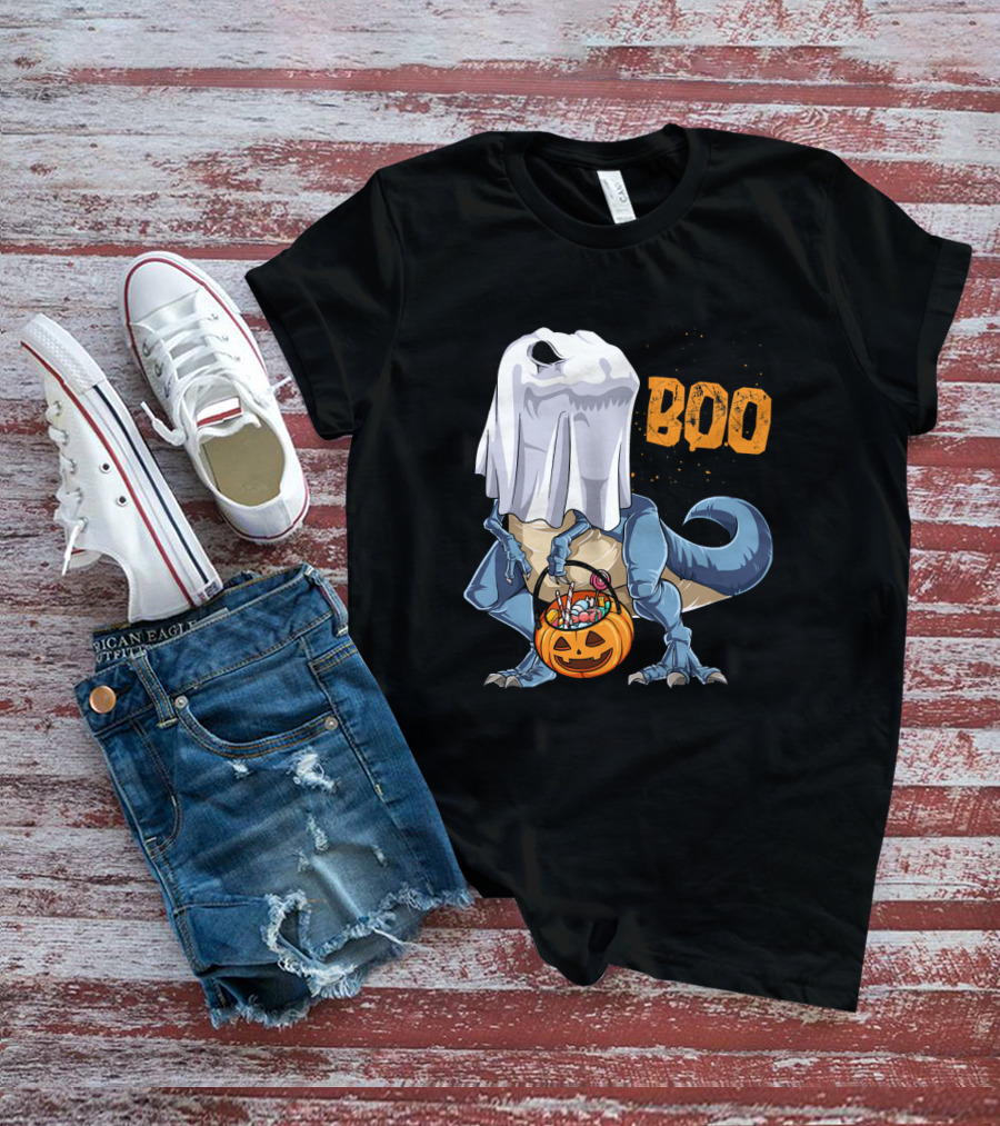 Ghost Dinosaur Rex Boo Halloween Candy Pumpkin T-Shirt