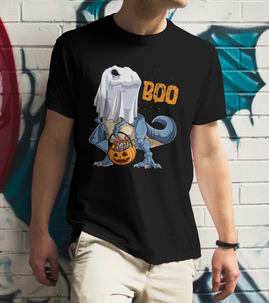 Ghost Dinosaur Rex Boo Halloween Candy Pumpkin T-Shirt