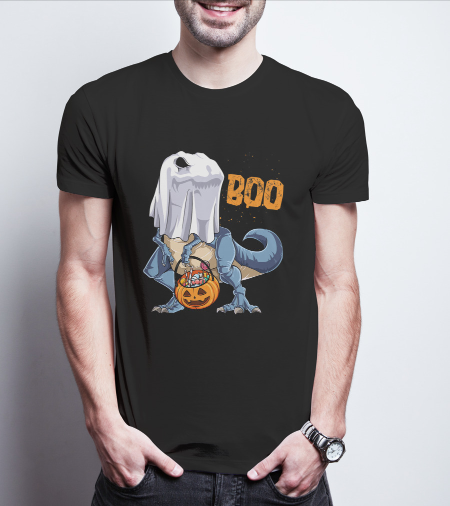 Ghost Dinosaur Rex Boo Halloween Candy Pumpkin T-Shirt