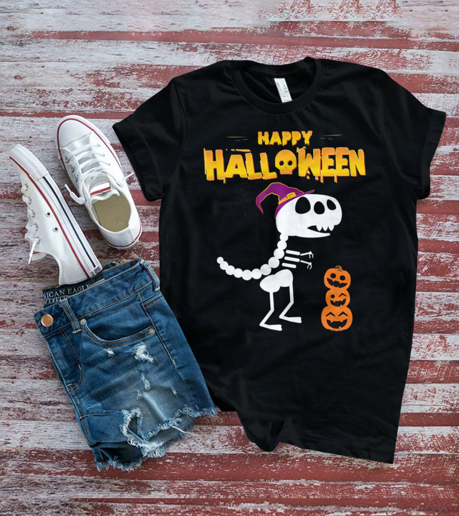Happy Halloween Funny Rex Skeleton With Witch Hat And Pumpkins T-Shirt