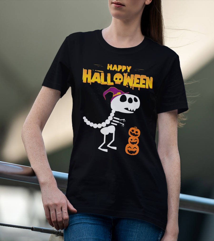 Happy Halloween Funny Rex Skeleton With Witch Hat And Pumpkins T-Shirt
