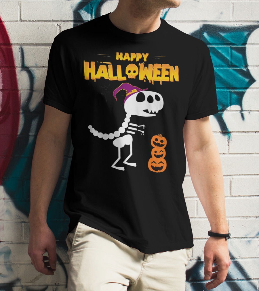 Happy Halloween Funny Rex Skeleton With Witch Hat And Pumpkins T-Shirt