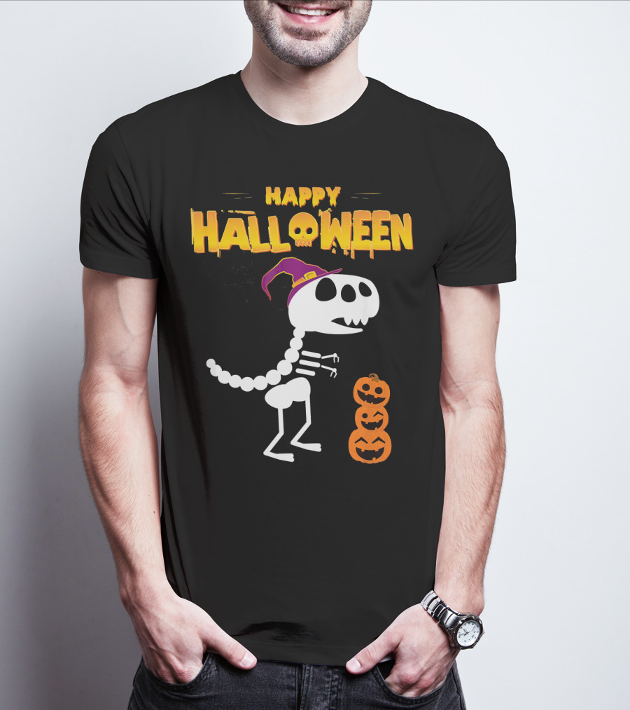 Happy Halloween Funny Rex Skeleton With Witch Hat And Pumpkins T-Shirt