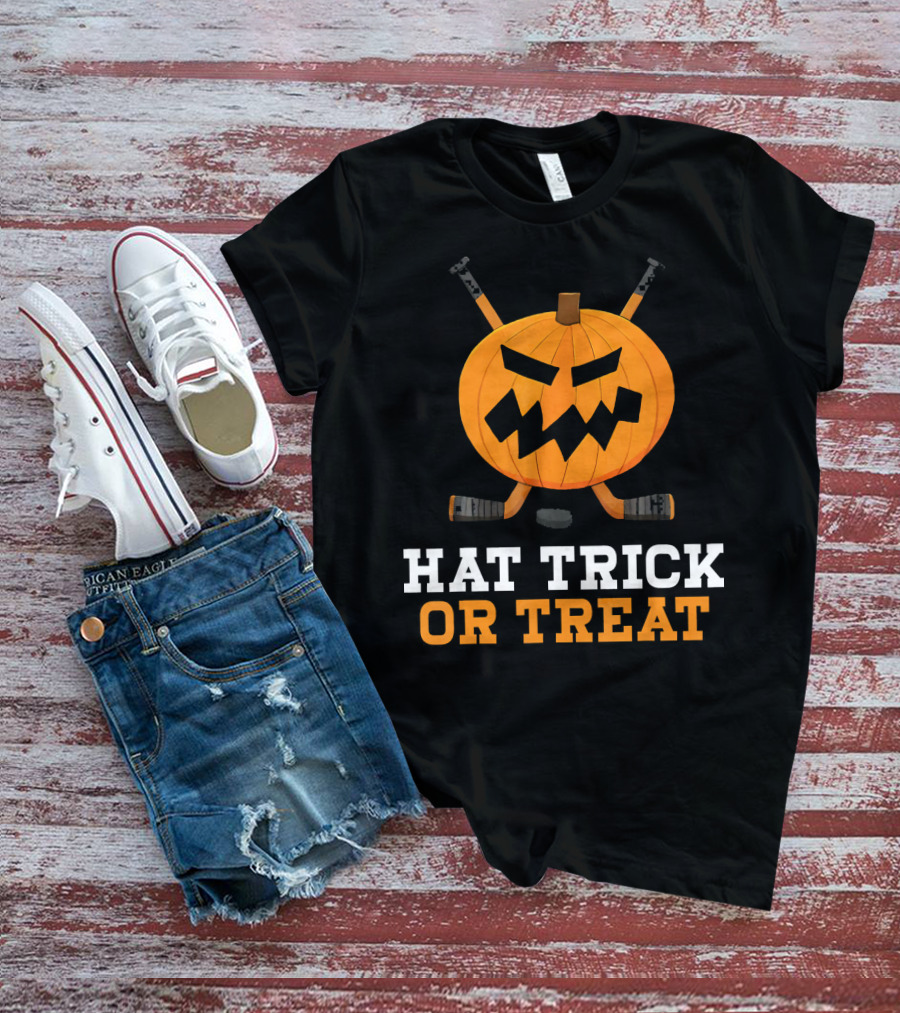 Hat Trick Or Treat Pumpkin Hockey Sticks Face T-Shirt