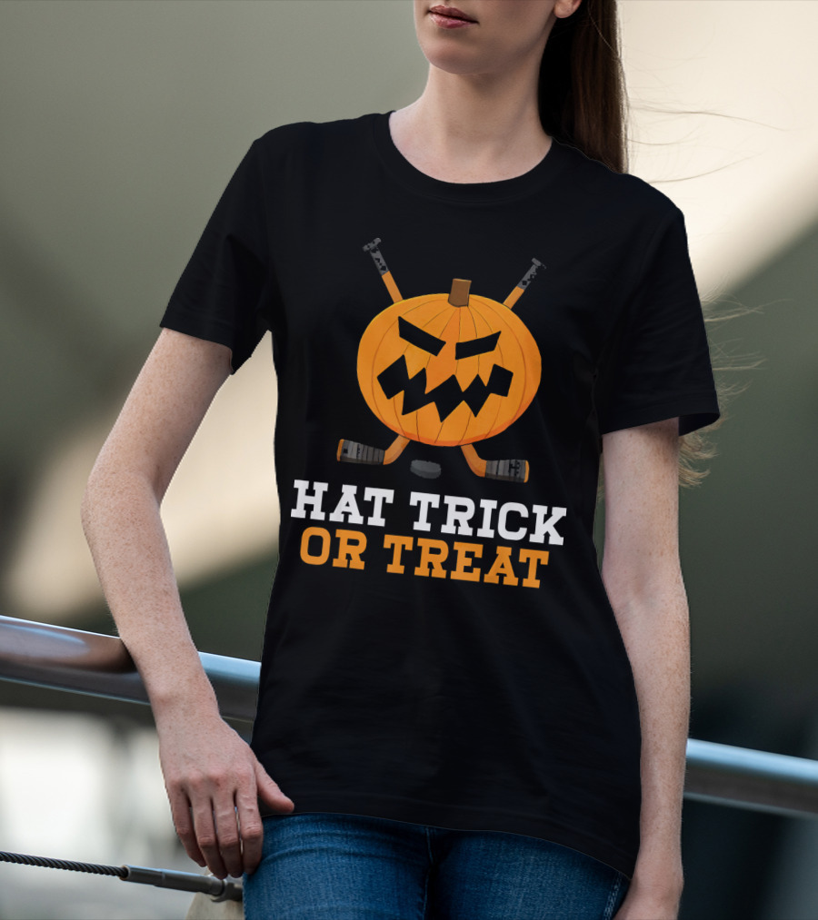 Hat Trick Or Treat Pumpkin Hockey Sticks Face T-Shirt