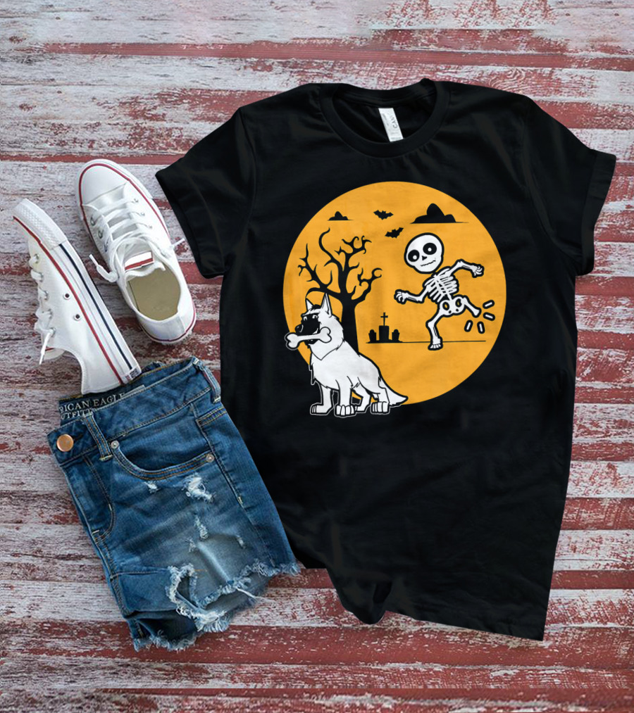 Belgian Malinois Skeleton Bone Halloween Moon Graveyard Scene T-Shirt