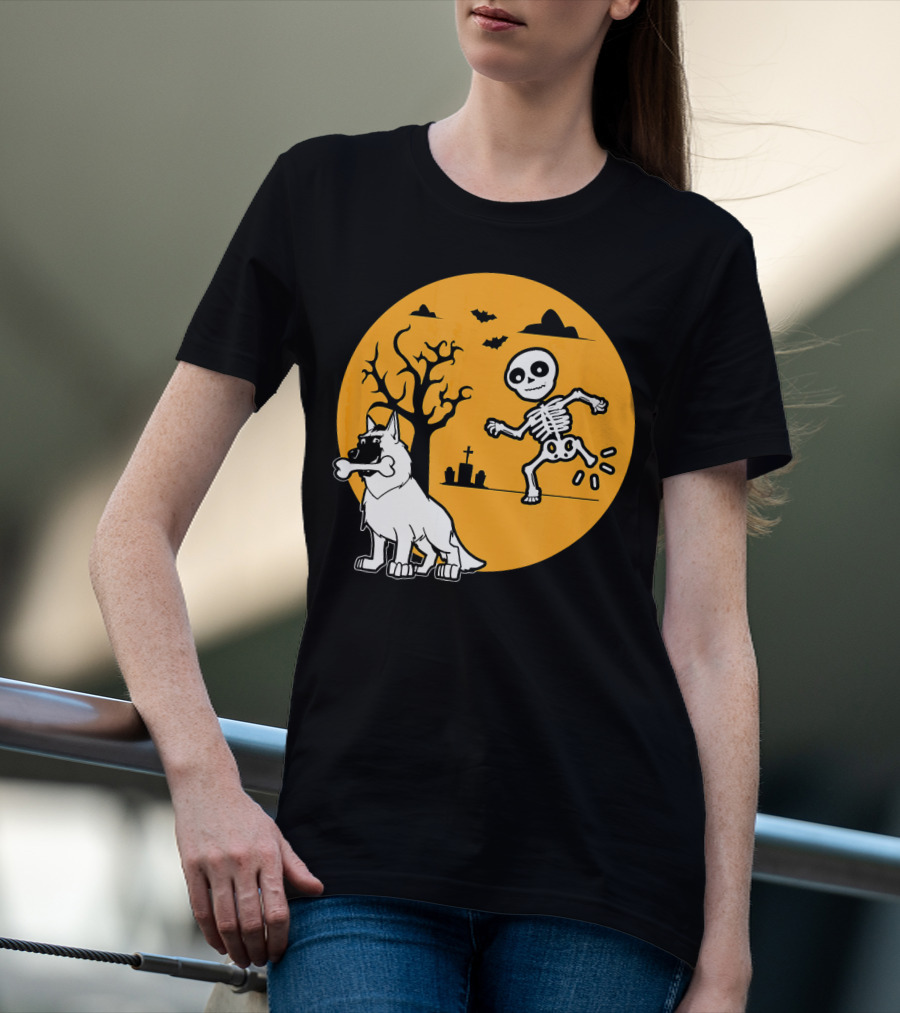 Belgian Malinois Skeleton Bone Halloween Moon Graveyard Scene T-Shirt