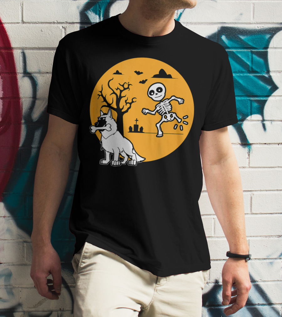 Belgian Malinois Skeleton Bone Halloween Moon Graveyard Scene T-Shirt