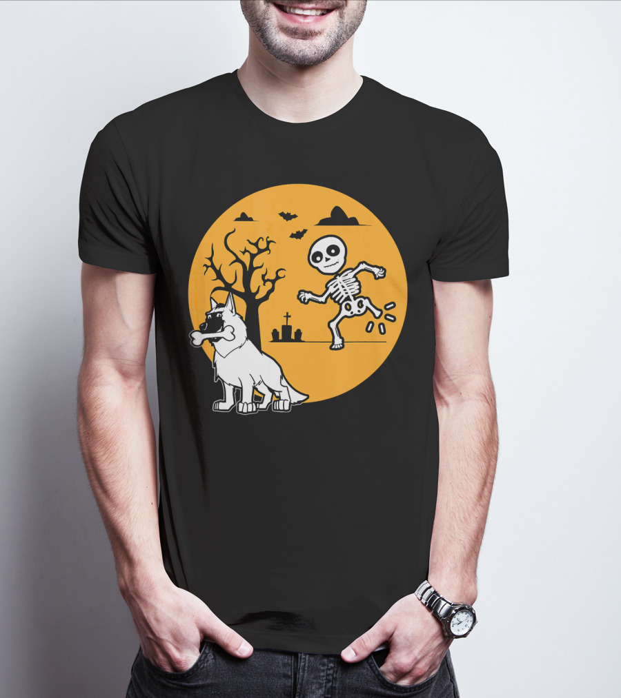 Belgian Malinois Skeleton Bone Halloween Moon Graveyard Scene T-Shirt