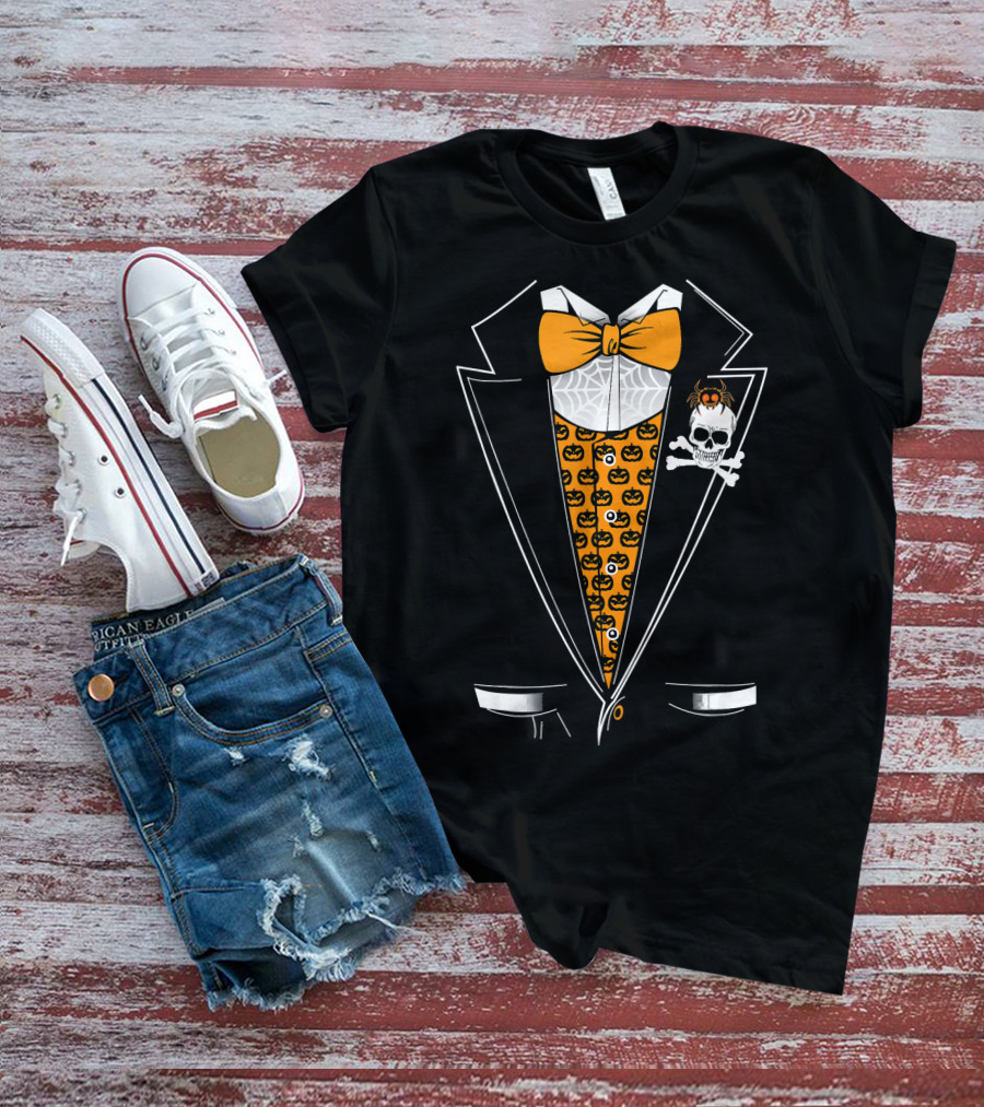 Halloween Tuxedo 3D Style Skull Pumpkin Spider Bowtie T-Shirt