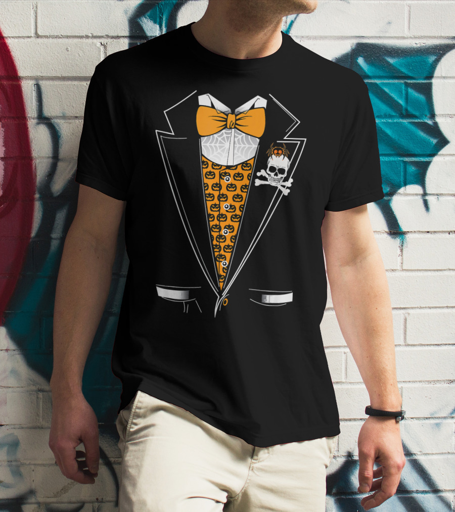 Halloween Tuxedo 3D Style Skull Pumpkin Spider Bowtie T-Shirt