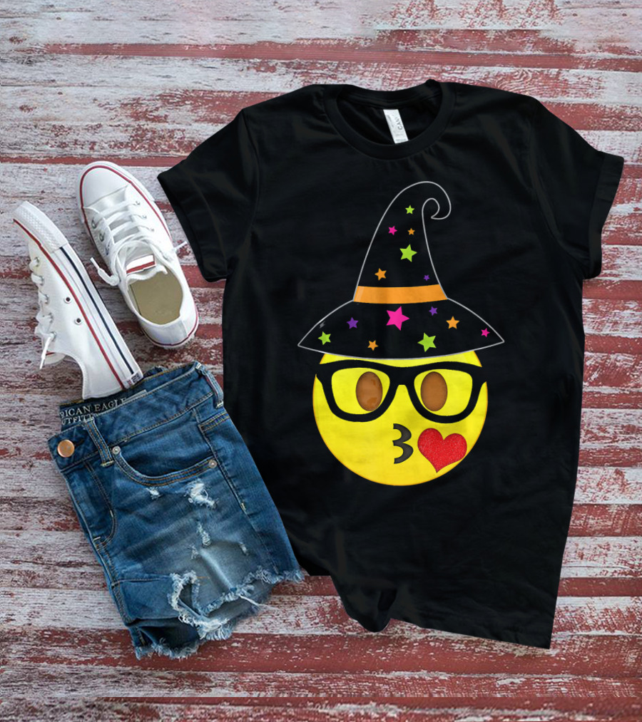 Funny Halloween Witch Hat Emoji Nerd Glasses Kissy Face T-Shirt