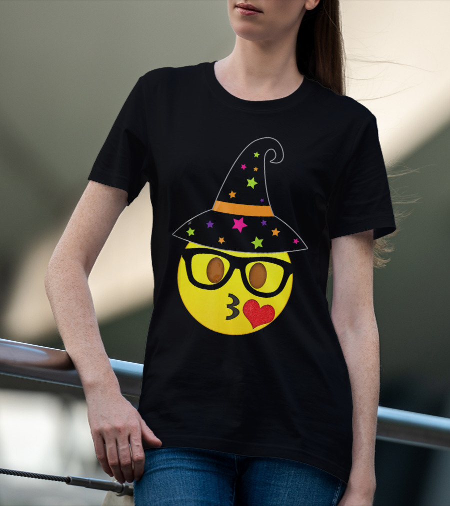 Funny Halloween Witch Hat Emoji Nerd Glasses Kissy Face T-Shirt