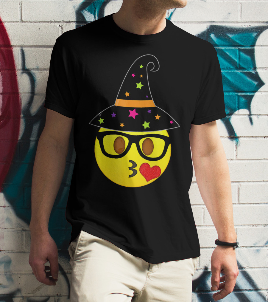 Funny Halloween Witch Hat Emoji Nerd Glasses Kissy Face T-Shirt