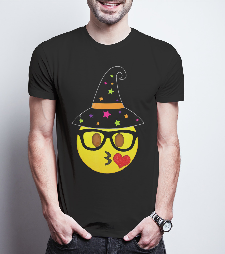 Funny Halloween Witch Hat Emoji Nerd Glasses Kissy Face T-Shirt