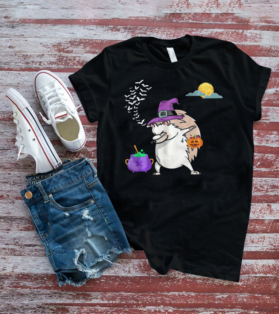 Dabbing Hedgehog Witch Halloween Costume With Cauldron Moon And Pumpkin Candy Bucket T-Shirt
