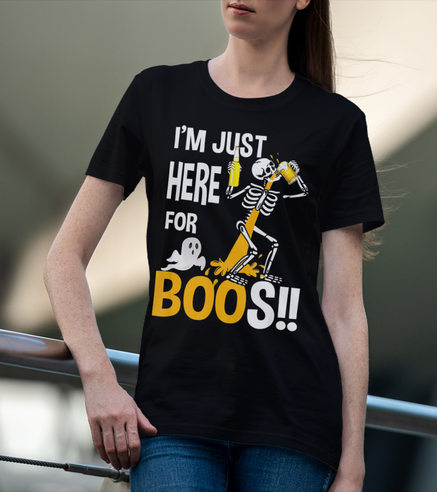 I'm Just Here For The BOOs Skeleton Drinking Ghost T-Shirt