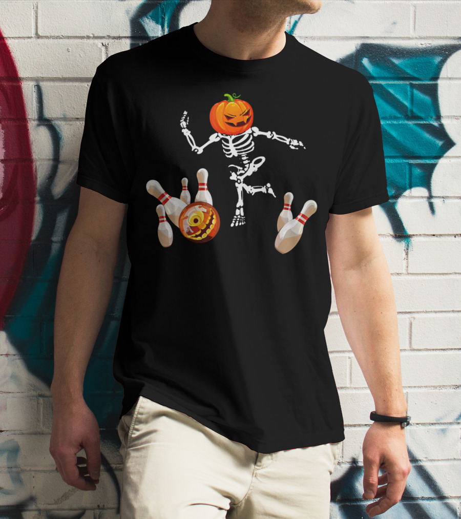 Funny Halloween Pumpkin Head Skeleton Bowling Scene T-Shirt