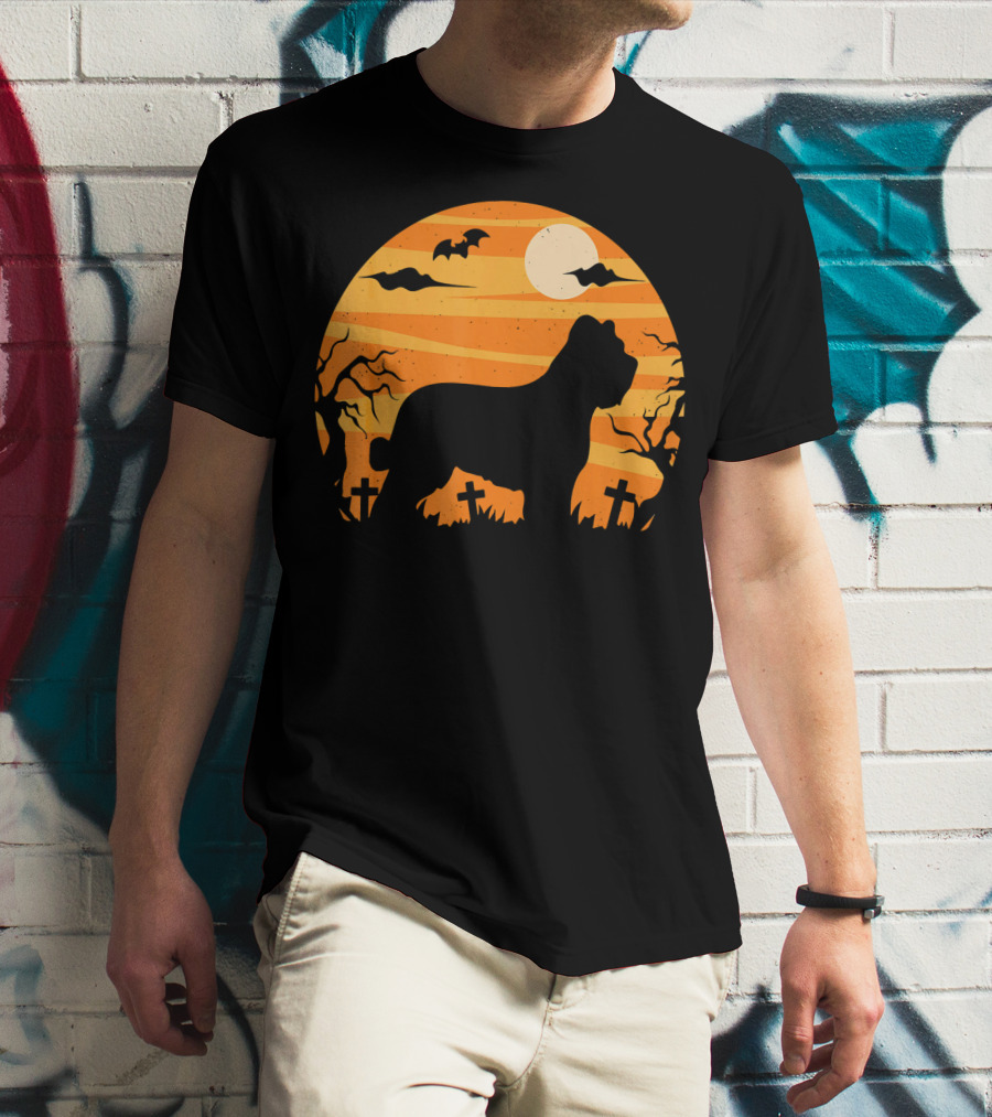 Briard Dog Halloween Moonlit Graveyard Scene T-Shirt