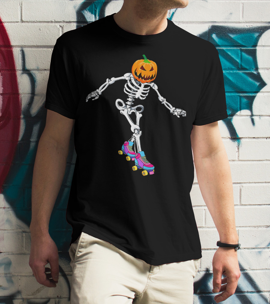 Halloween Skeleton Pumpkin Head Roller Skater T-Shirt