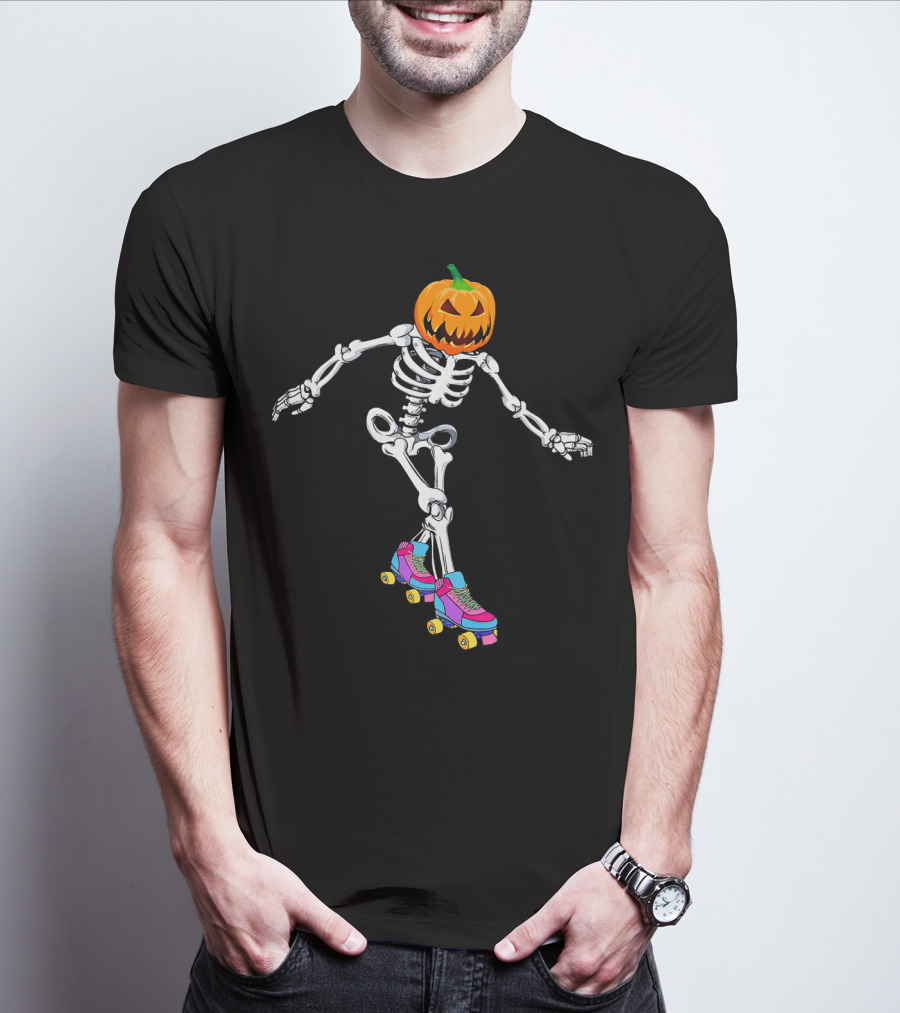 Halloween Skeleton Pumpkin Head Roller Skater T-Shirt
