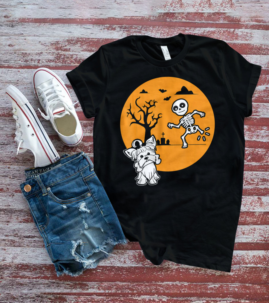 Yorkshire Terrier Halloween Costume Skeleton Dance Moon Bat Graveyard T-Shirt