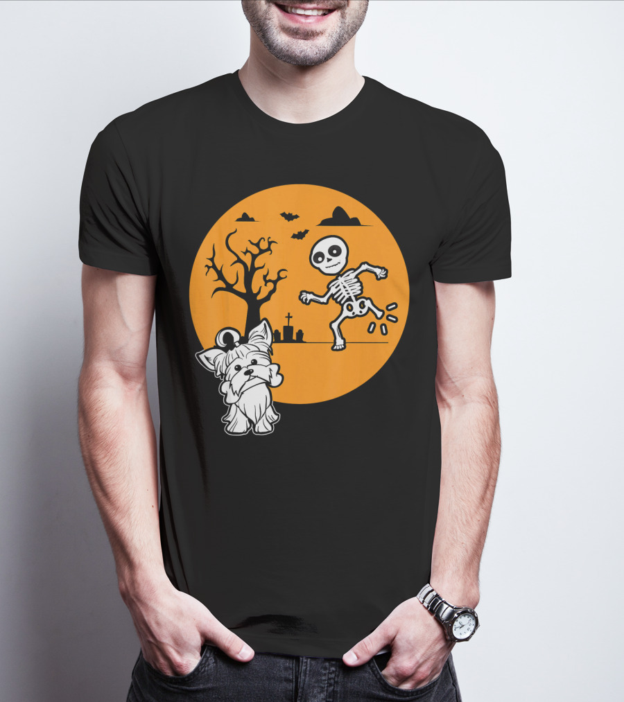 Yorkshire Terrier Halloween Costume Skeleton Dance Moon Bat Graveyard T-Shirt