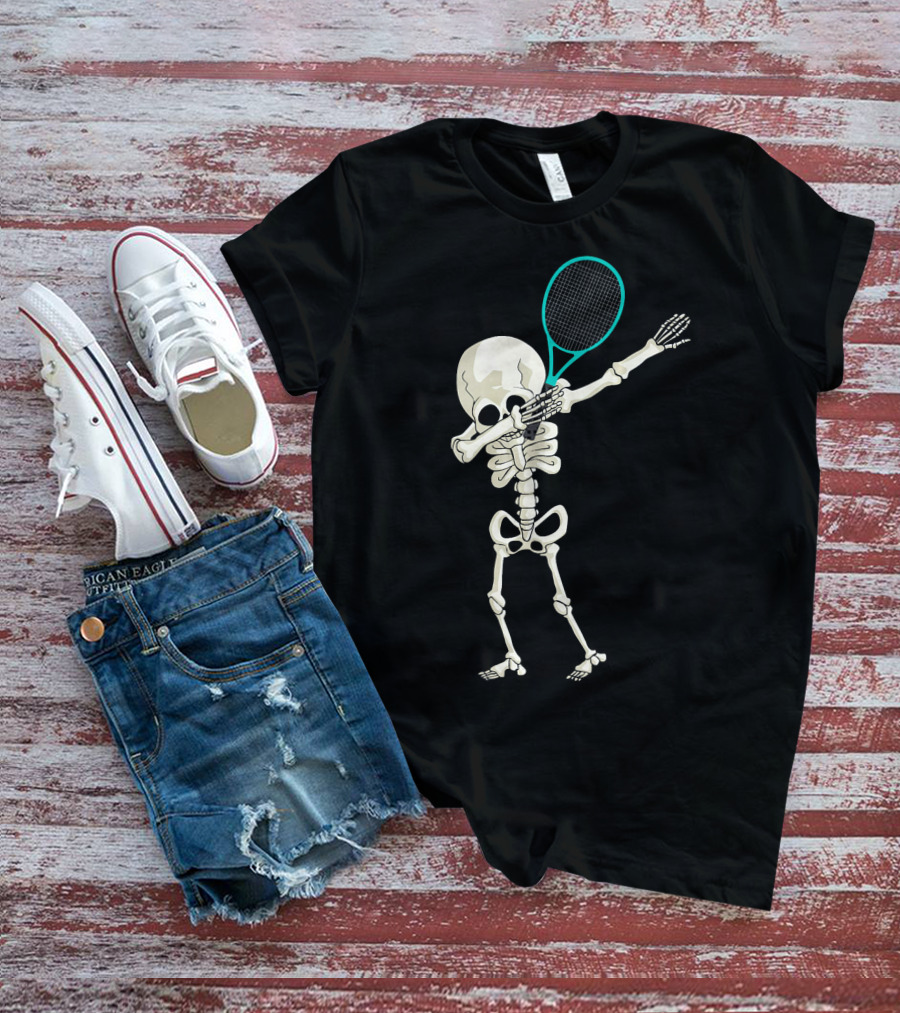 Halloween Skeleton Tennis Dabbing Spooky Racket Pose T-Shirt