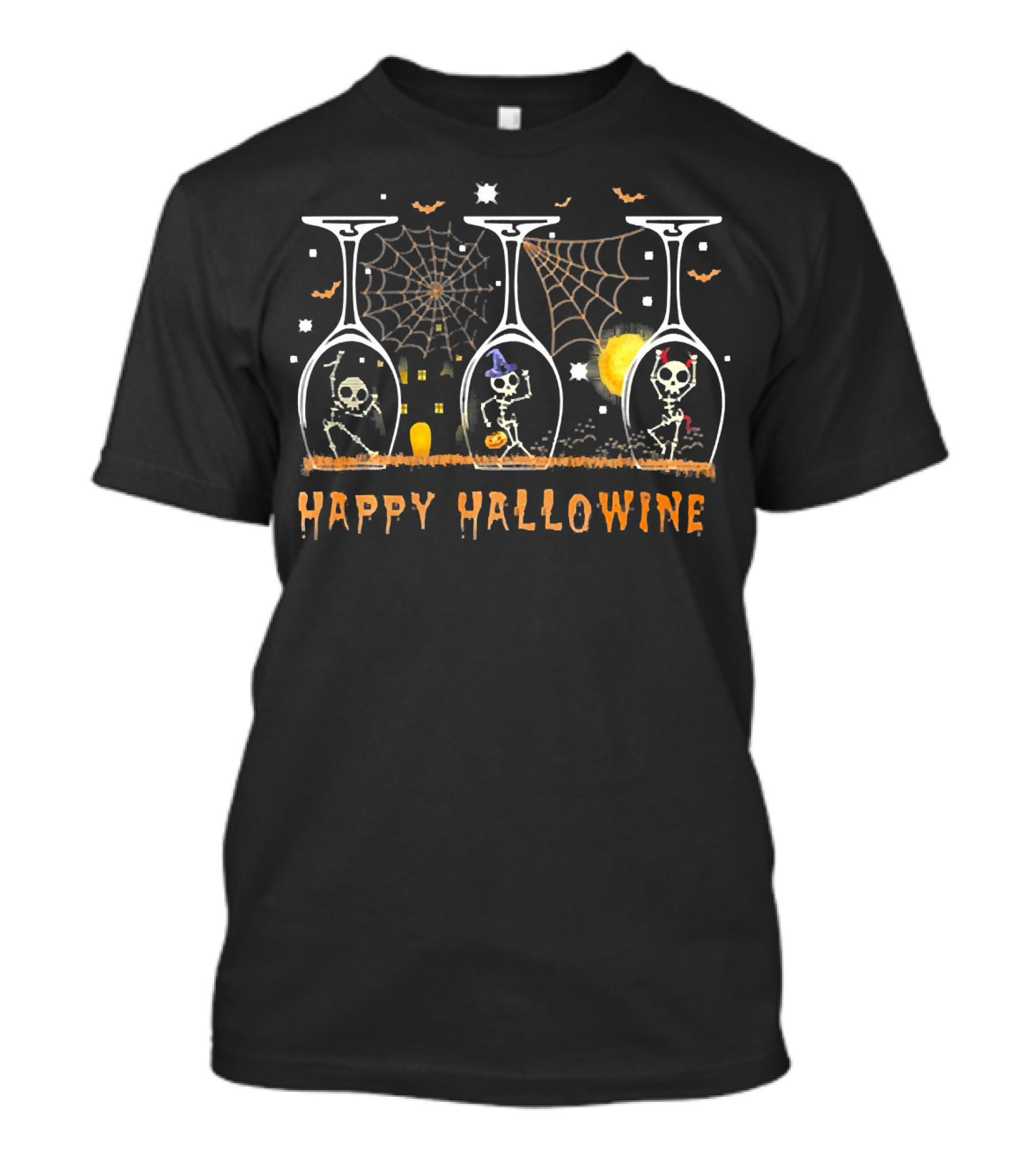 HAPPY HALLOWINE Skeletons In Wine Glasses With Spider Webs And Bats T-Shirt
