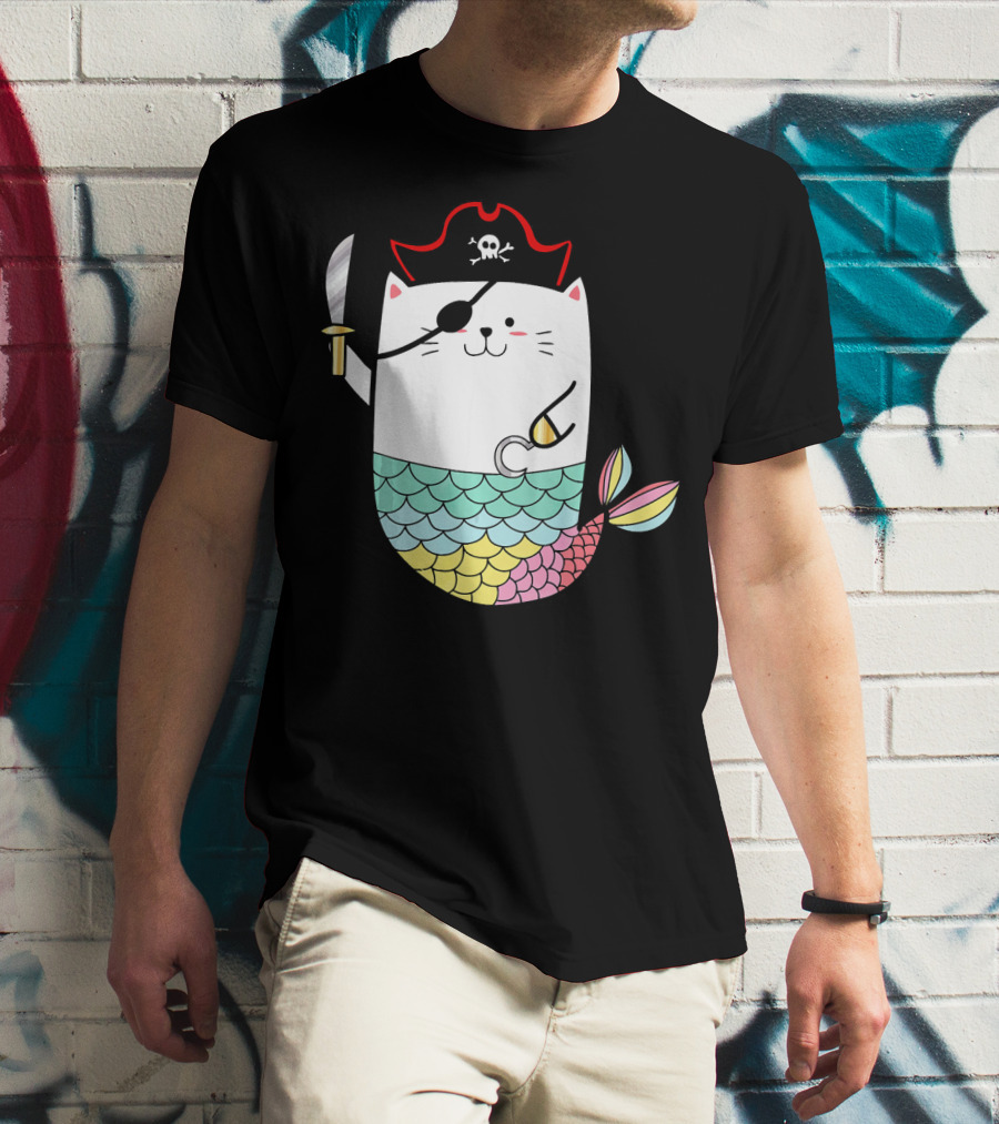 Halloween Mermaid Pirate Cat With Eye Patch And Sword T-Shirt