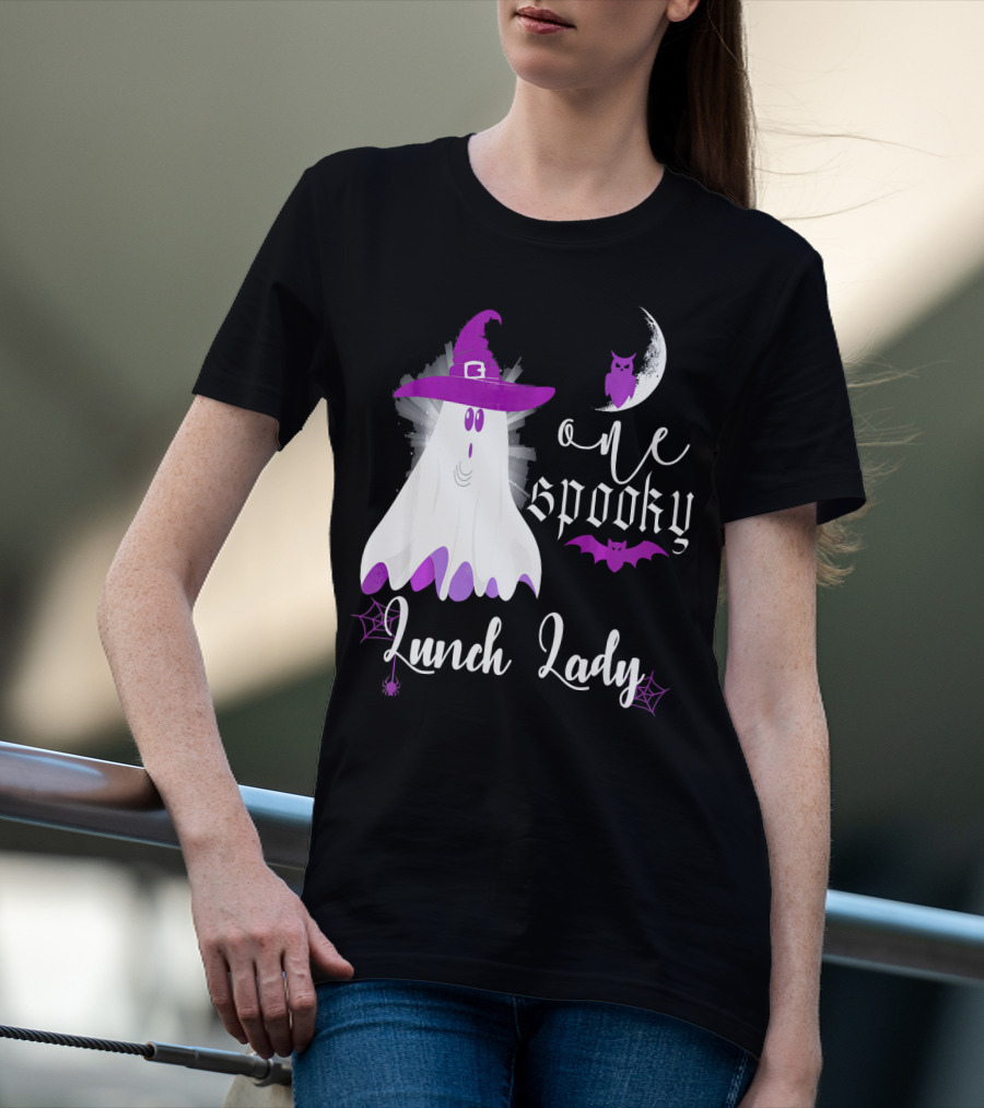 One Spooky Lunch Lady Halloween Ghost With Purple Bat And Moon T-Shirt