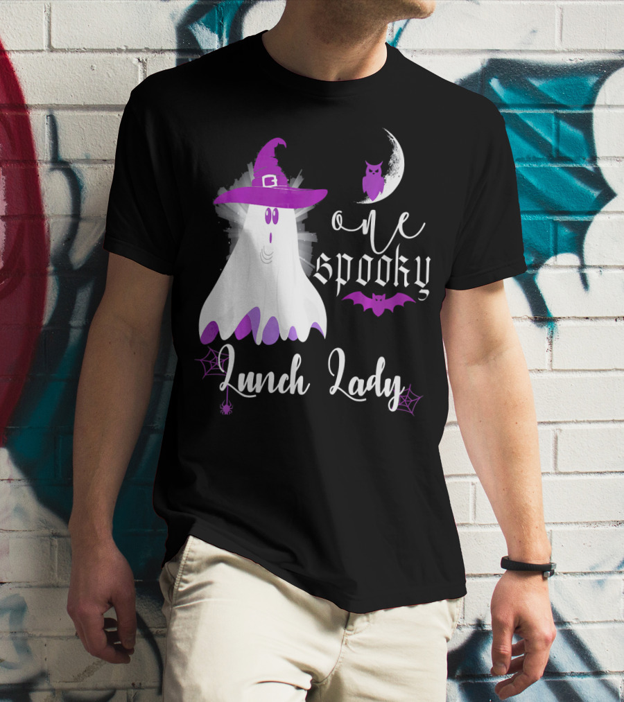 One Spooky Lunch Lady Halloween Ghost With Purple Bat And Moon T-Shirt