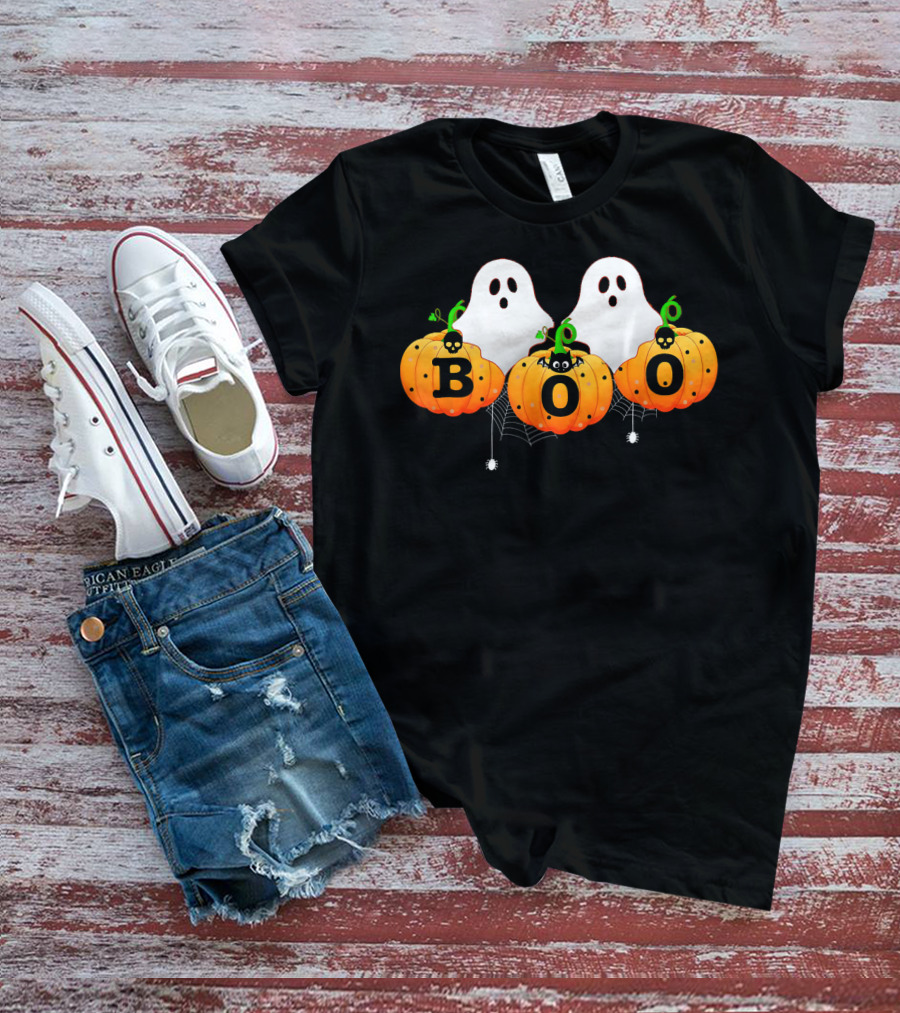 Boo Halloween Ghosts With Spiders And Pumpkins T-Shirt