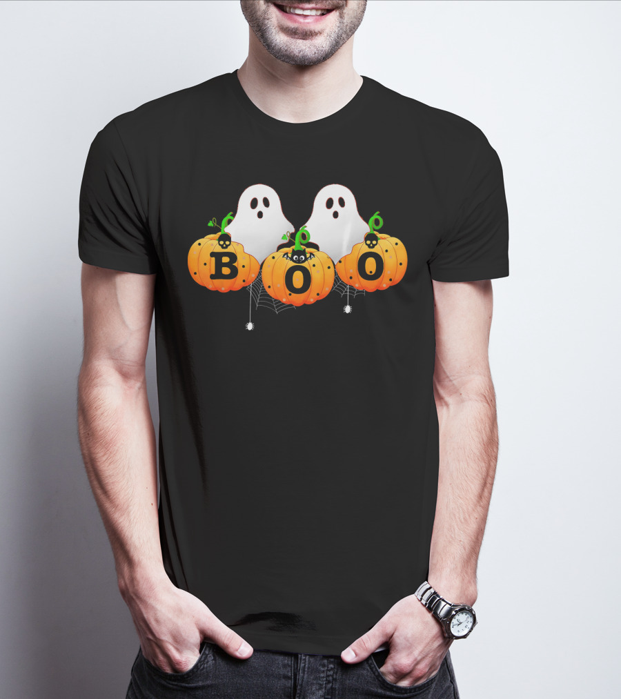 Boo Halloween Ghosts With Spiders And Pumpkins T-Shirt