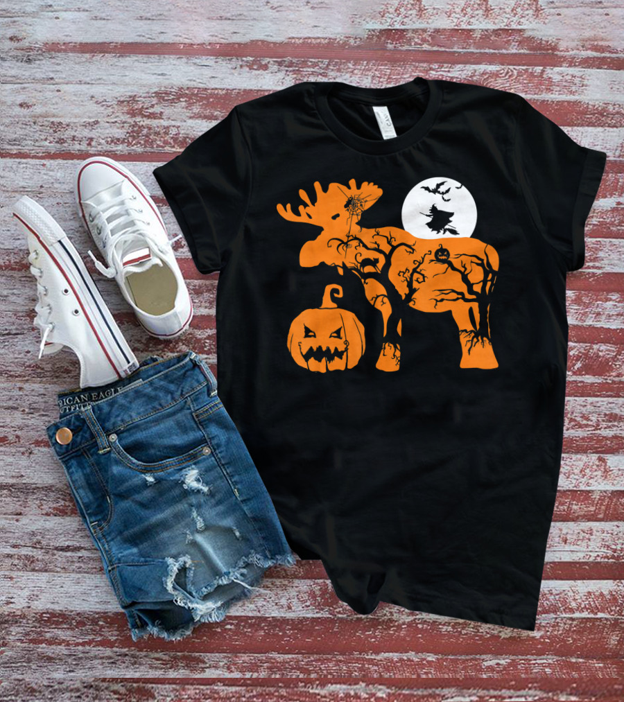 Witch Bat Moon Pumpkin Moose With Spider Web T-Shirt