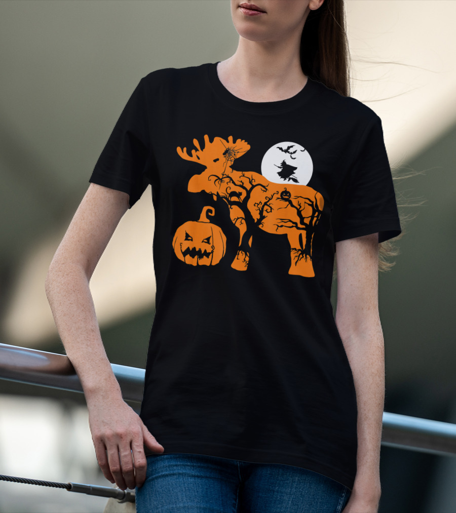 Witch Bat Moon Pumpkin Moose With Spider Web T-Shirt