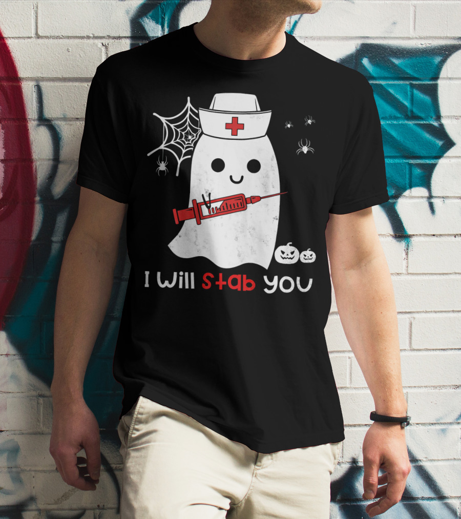 Nurse Ghost I Will Stab You Halloween Spiders Pumpkins T-Shirt