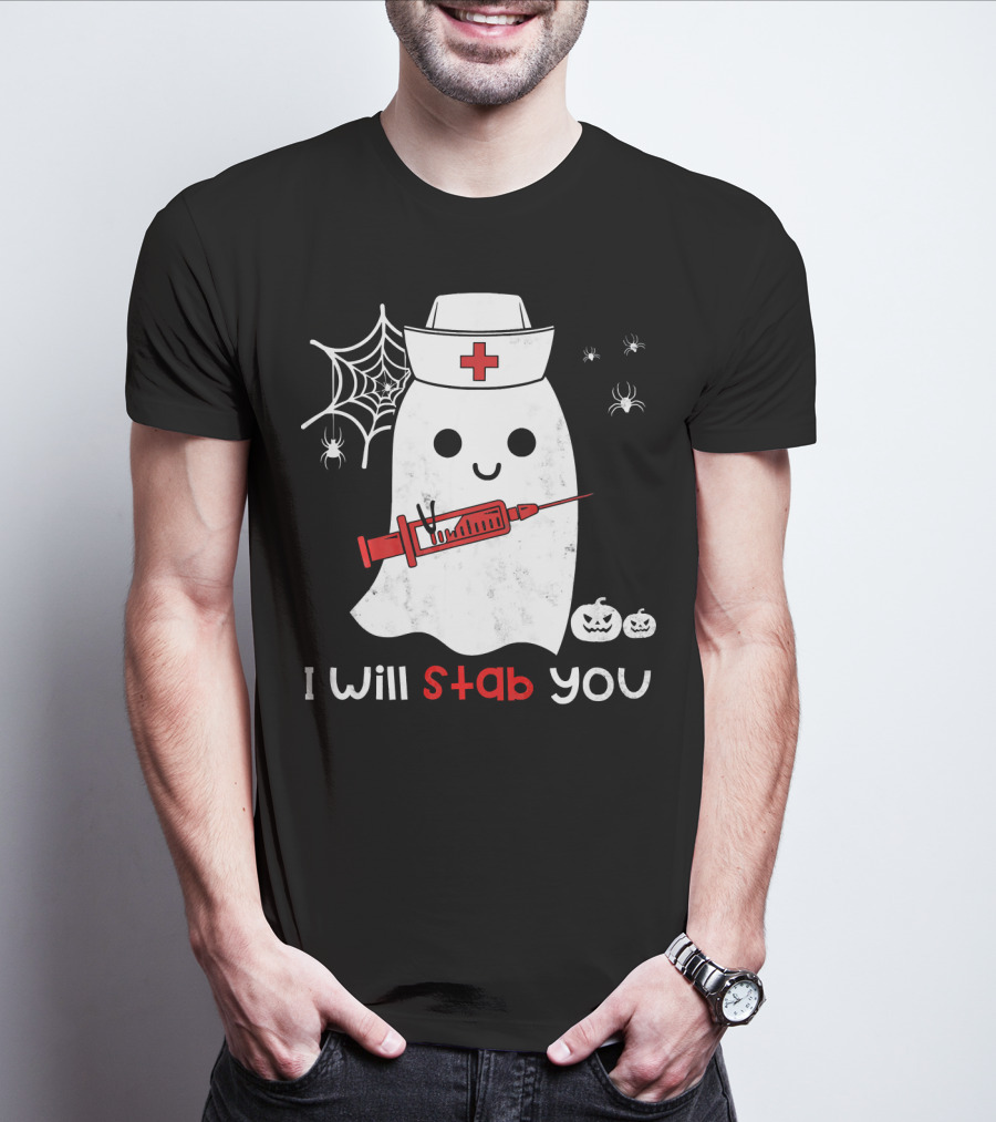 Nurse Ghost I Will Stab You Halloween Spiders Pumpkins T-Shirt