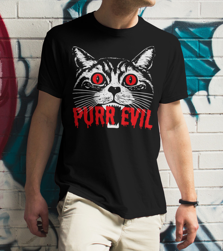 Purr Evil Satanic Cat Red Eyes Halloween T-Shirt