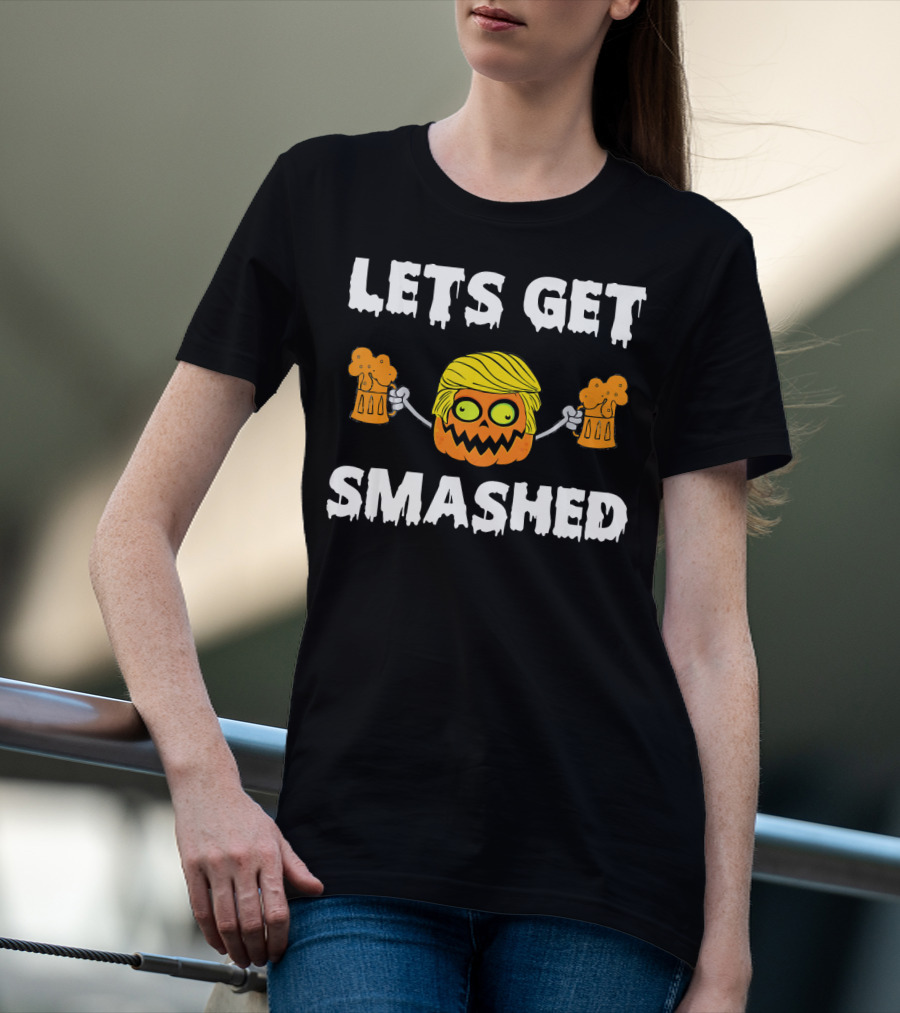 Lets Get Smashed Pumpkin Holding Beer Mugs With Blonde Hair T-Shirt