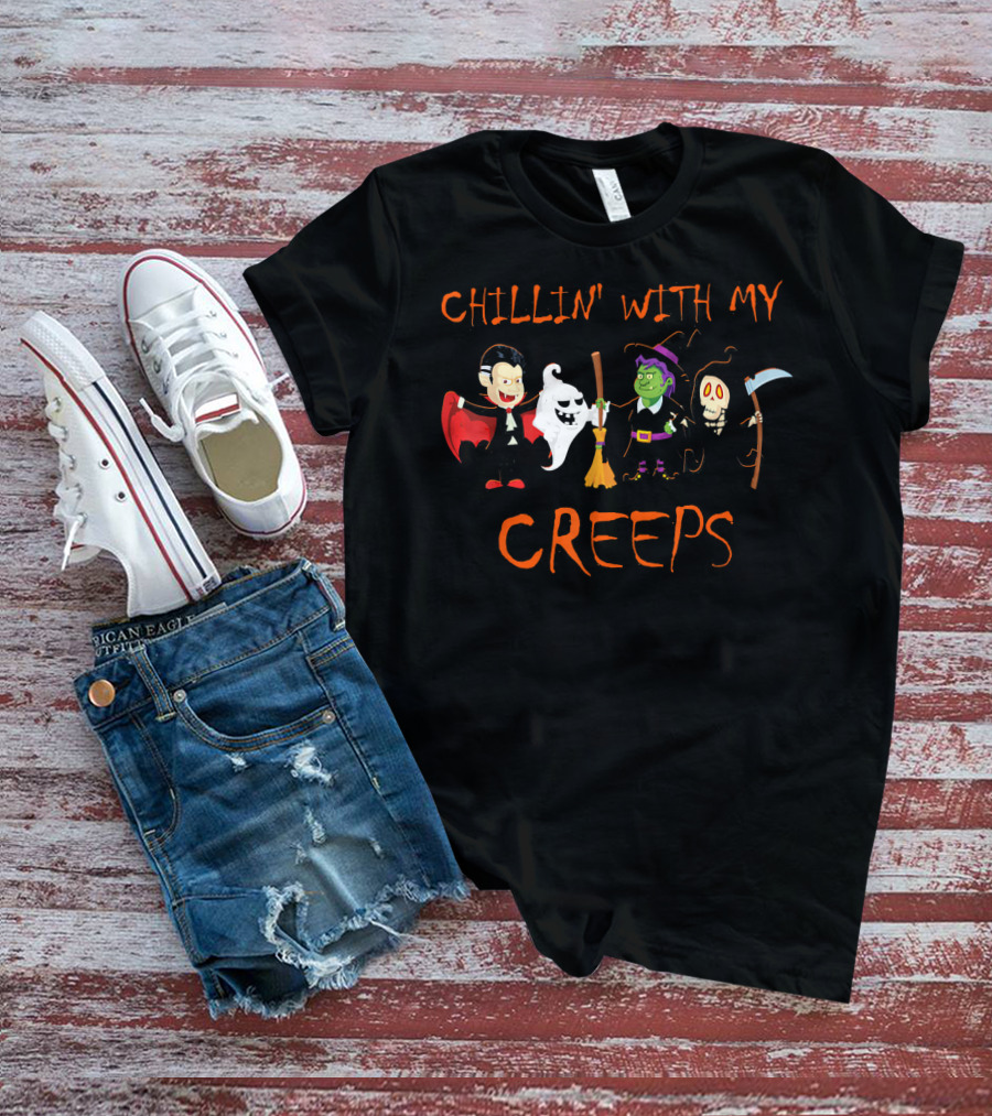 CHILLIN' WITH MY CREEPS Vampire Ghost Witch Scarecrow T-Shirt